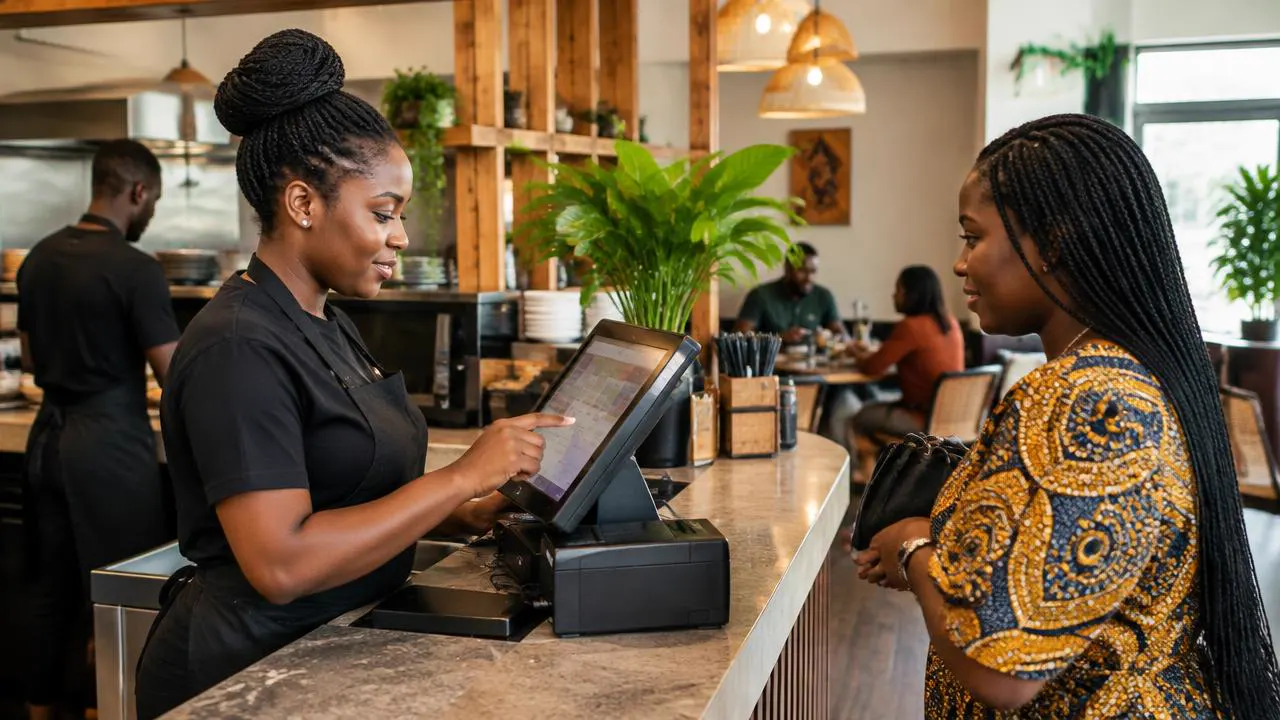 Cashier using a touchscreen POS terminal to take a customer's order at a Nigerian restaurant counter