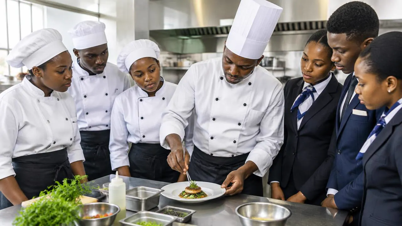 Hospitality trainees learning plating from a chef mentor in a training kitchen