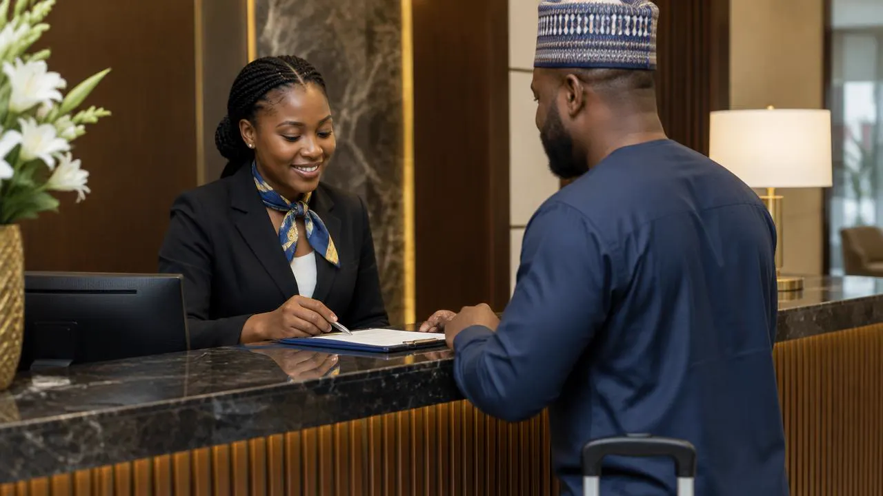 Hotel receptionist checking in a guest at the front desk