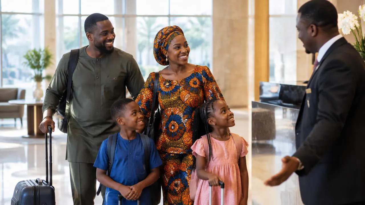 Hotel concierge welcoming a smiling family with luggage in the lobby
