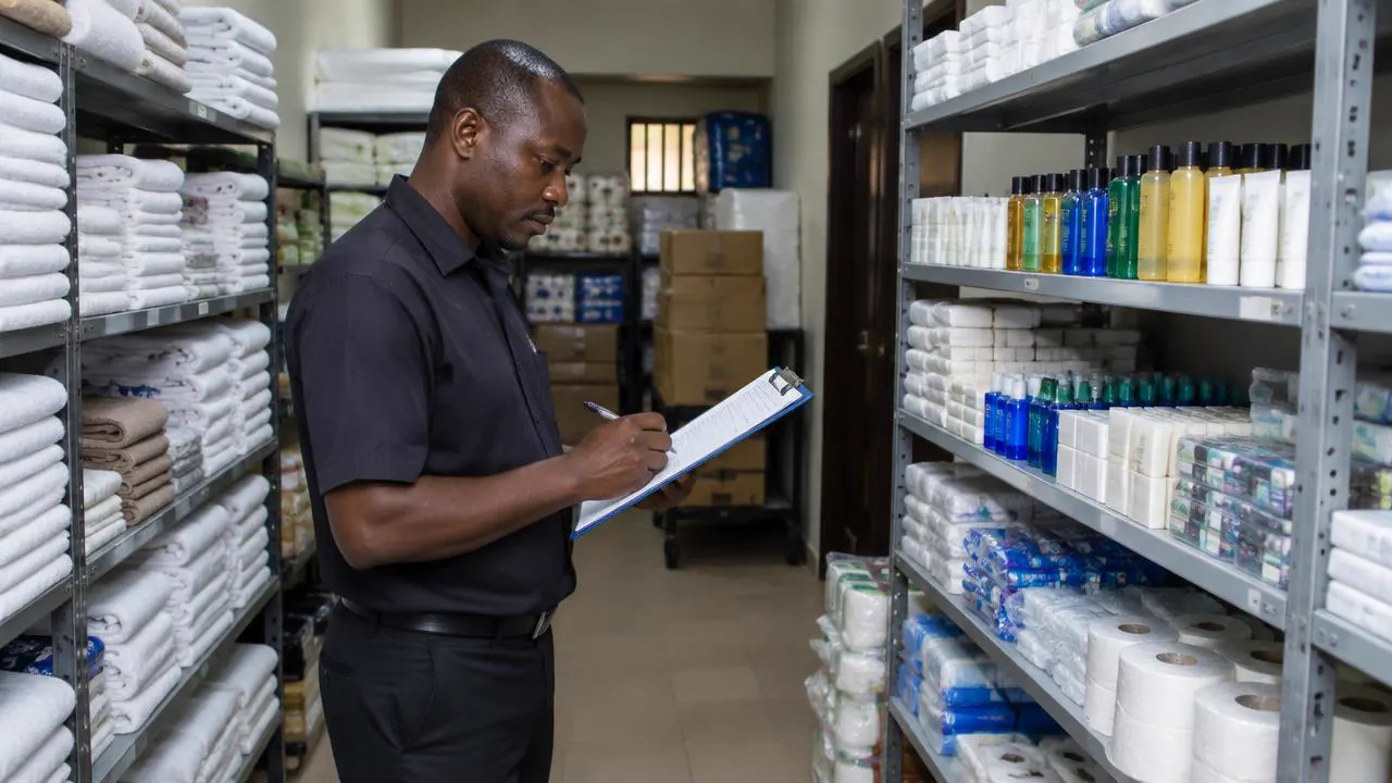 Hotel storekeeper checking linens and toiletries against a clipboard