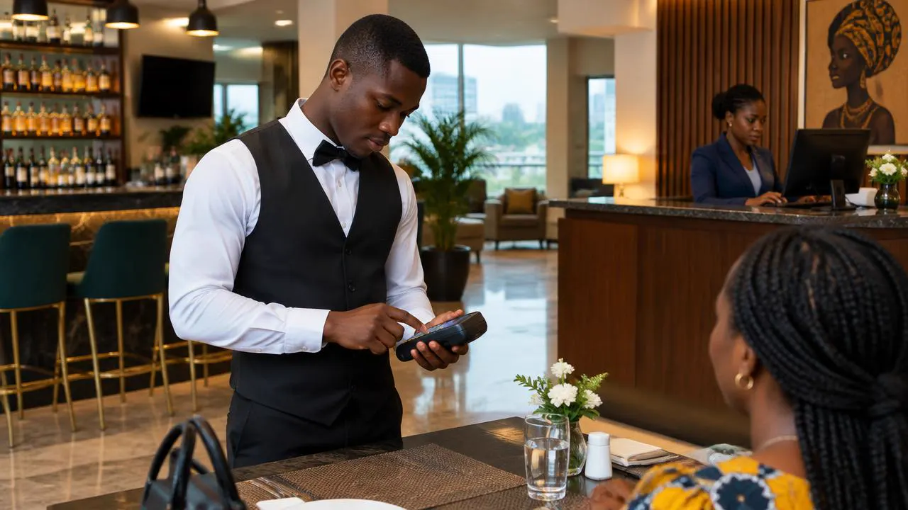 Hotel waiter using a handheld POS while a receptionist works at the front desk behind