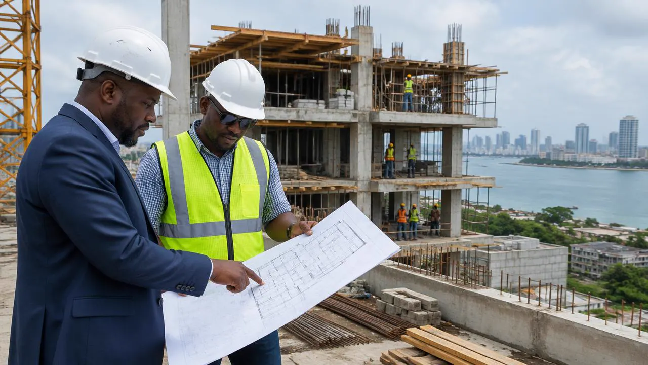 Hotel developer and engineer reviewing plans on a construction site in Lagos