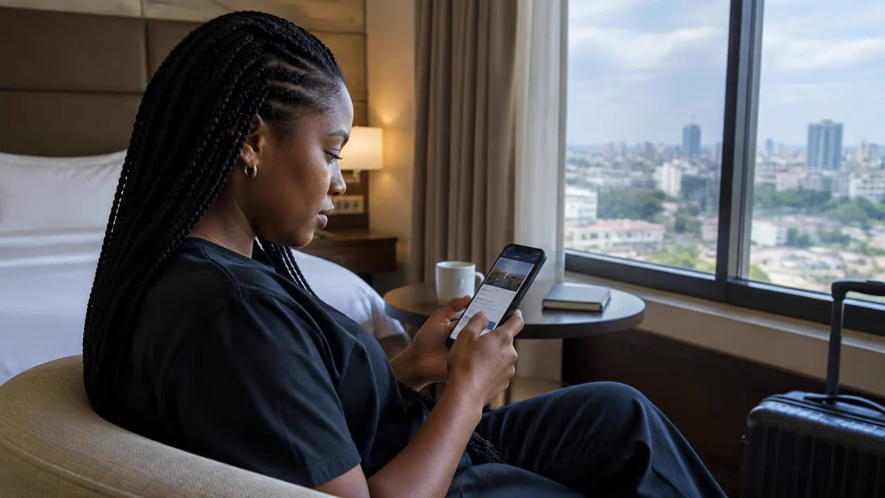 Traveller booking a hotel room on her phone by a hotel window