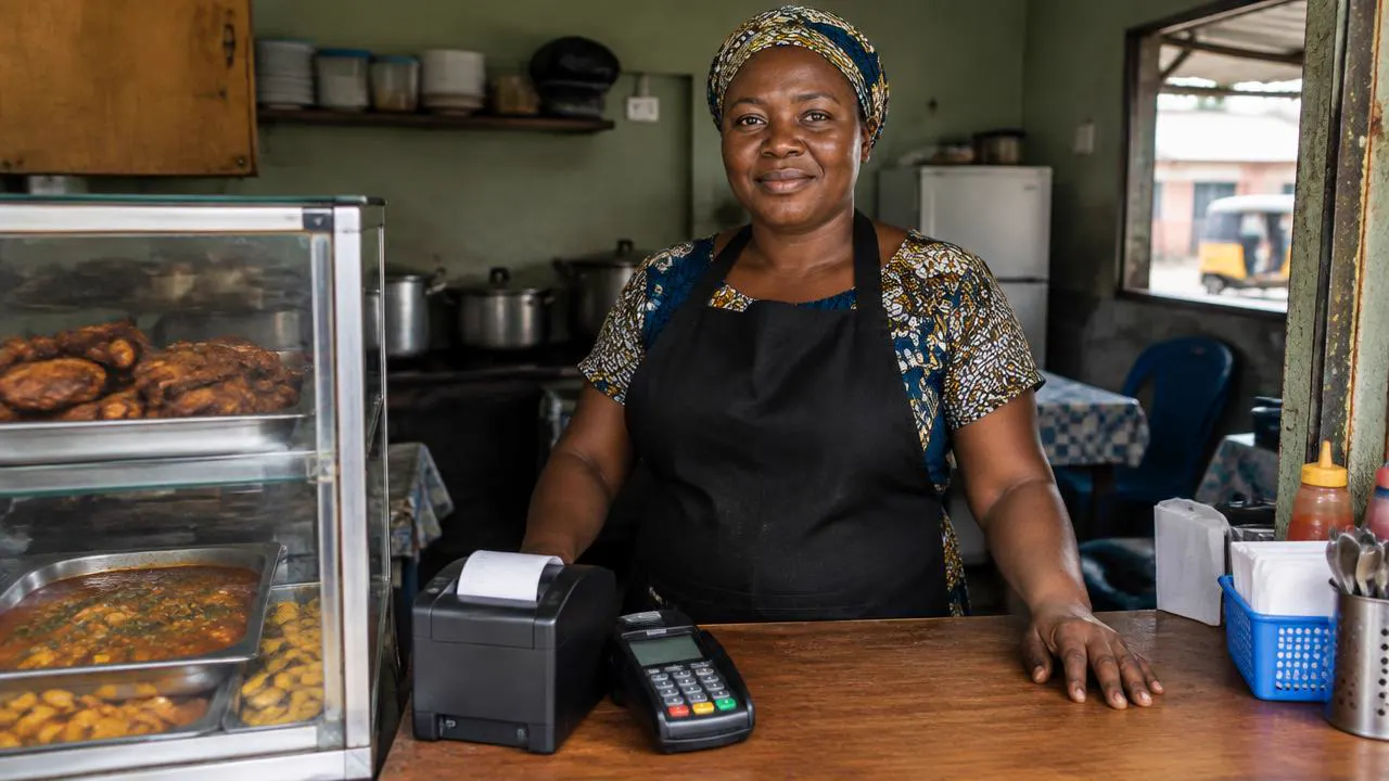 Owner of a small Nigerian eatery at her counter with a receipt printer and card terminal