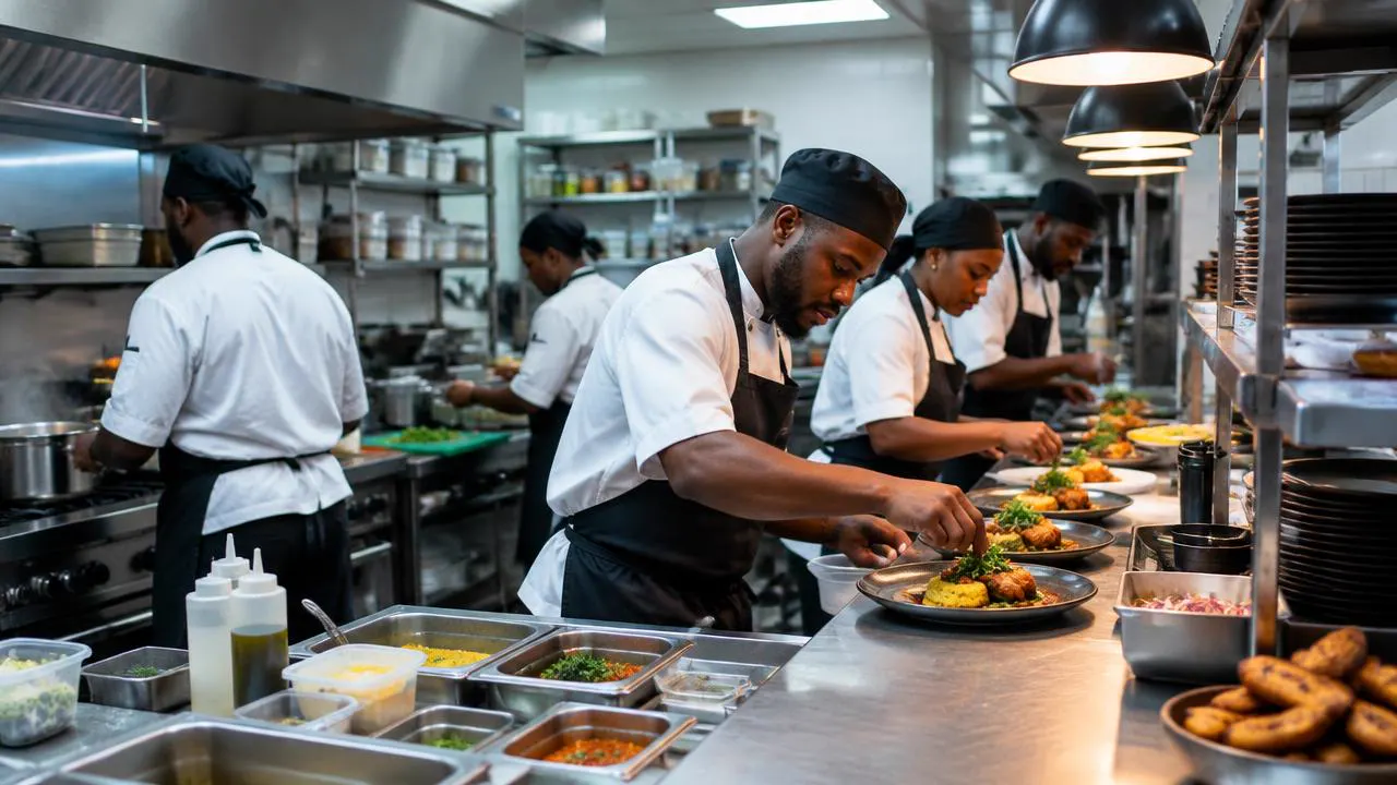 Chefs plating dishes at the pass in a busy restaurant kitchen