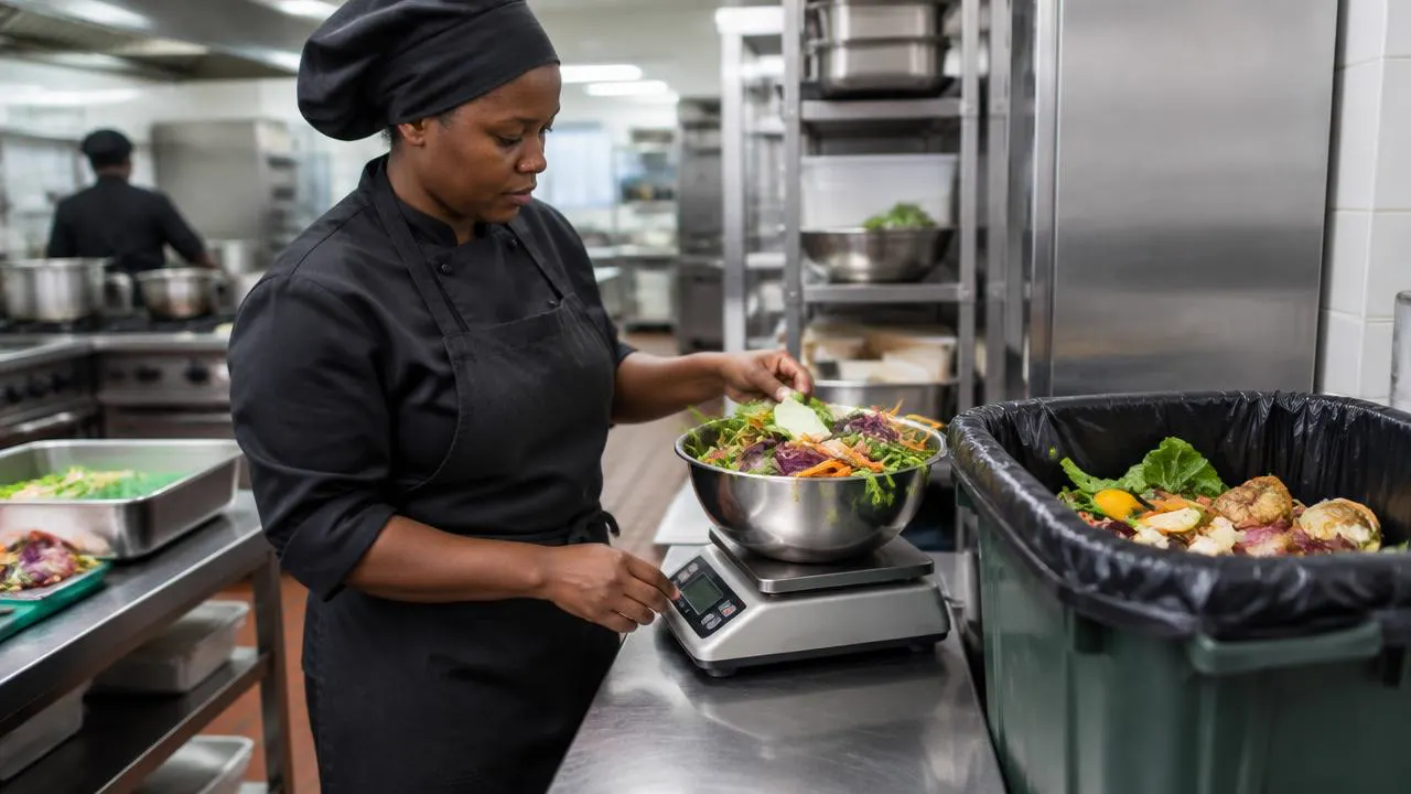 Chef weighing food trimmings on a kitchen scale beside a waste bin