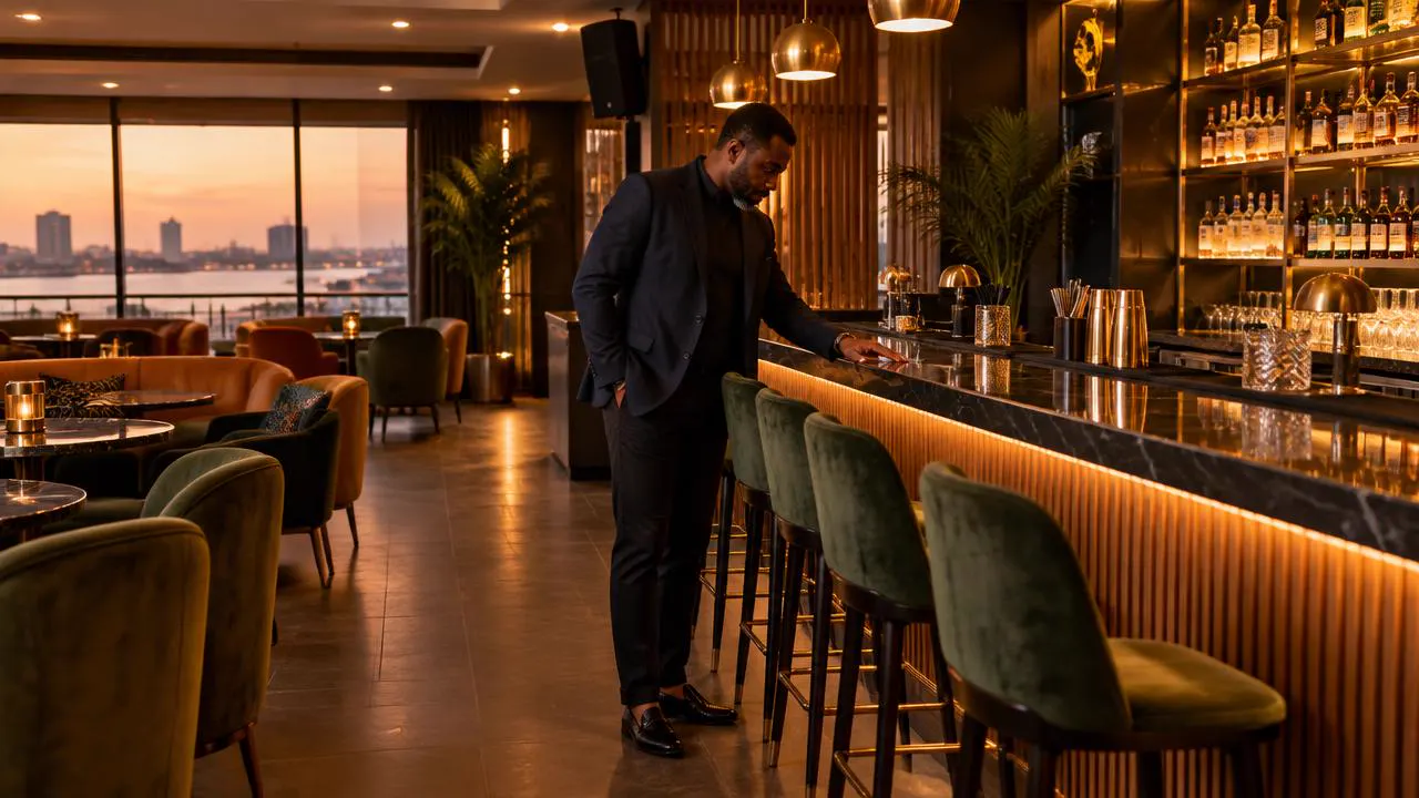 Owner inspecting the bar counter of a lounge before opening, city view at dusk