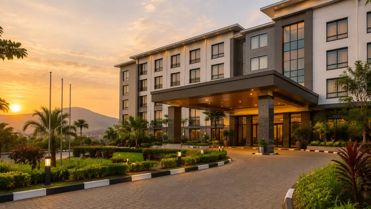 Mid-size hotel in Nigeria with landscaped entrance at sunset