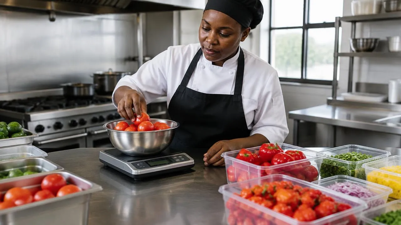 A chef weighing tomatoes on a kitchen scale beside portioned ingredients