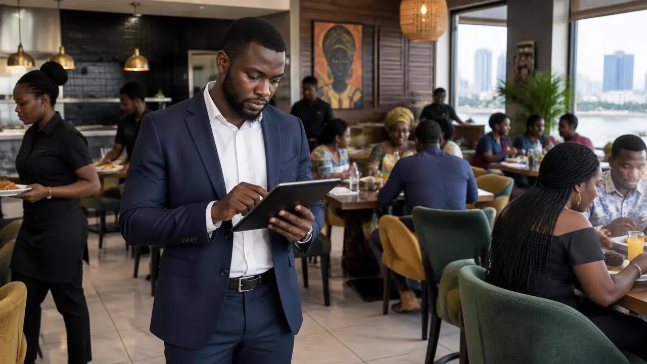 Restaurant manager checking operations on a tablet in a busy Lagos dining room