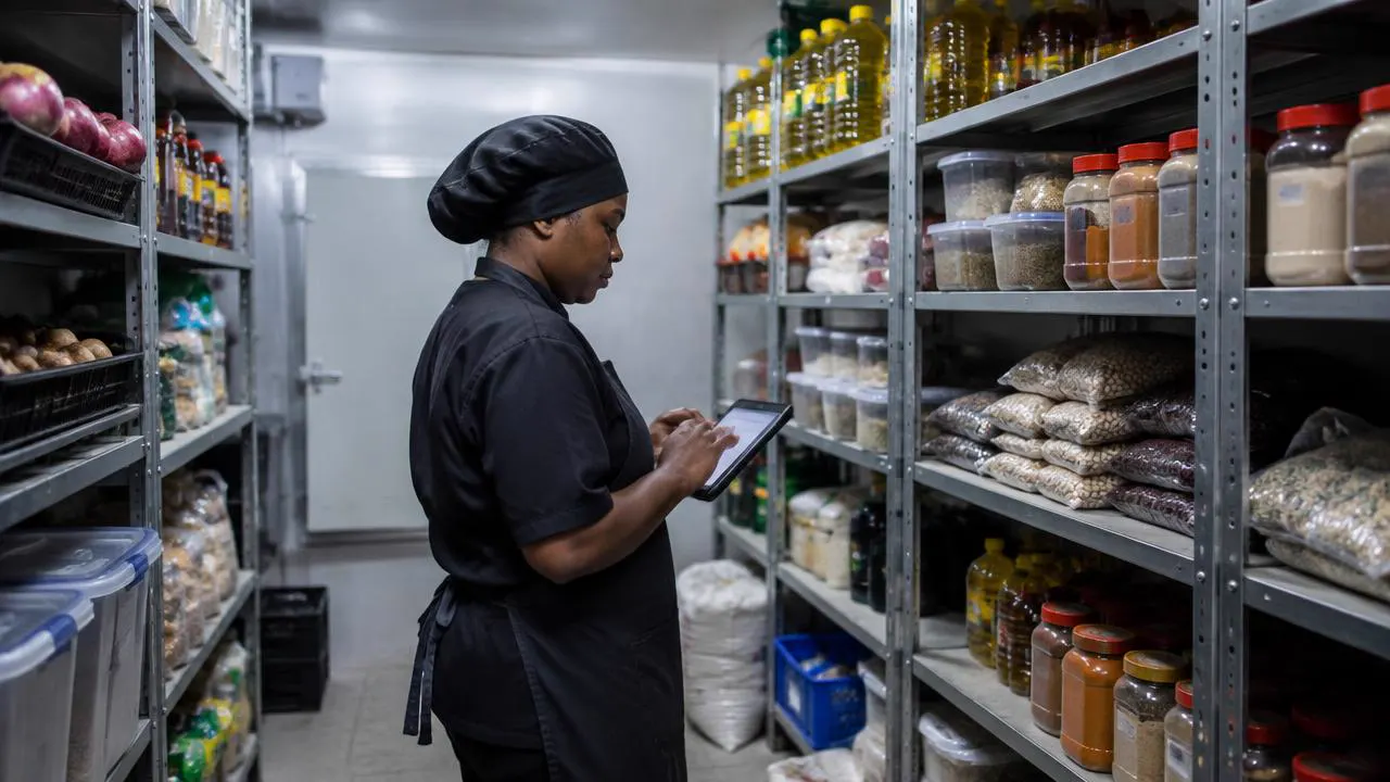 Kitchen staff member counting stock on a tablet in a restaurant storeroom