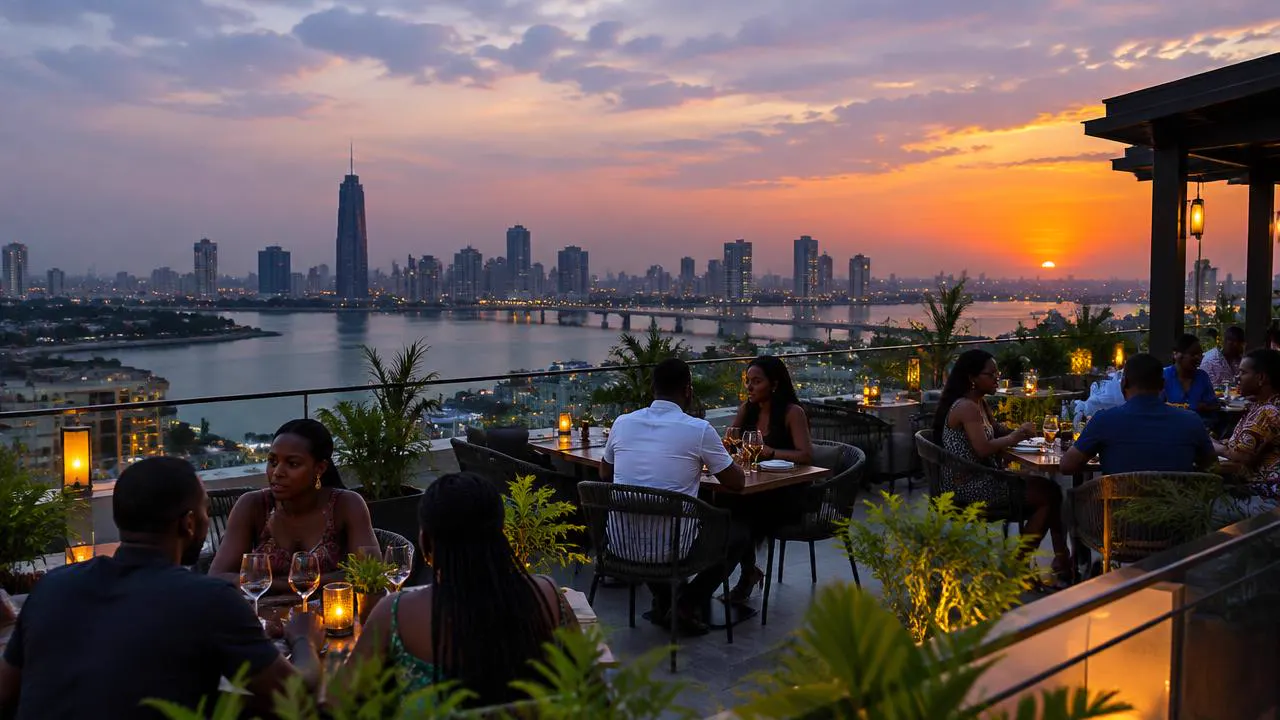 Diners on a rooftop restaurant terrace overlooking the Lagos skyline at dusk